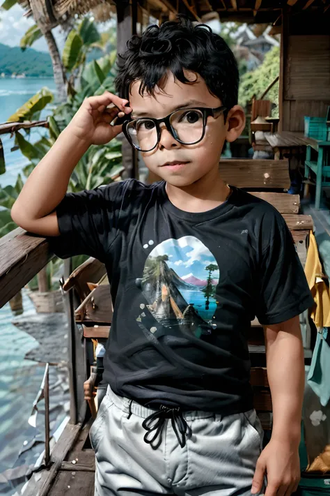 loranerdinho1, here's a poignant portrait of a cheerful 3-year-old boy wearing glasses, alegremente colhendo flores perto de um ...