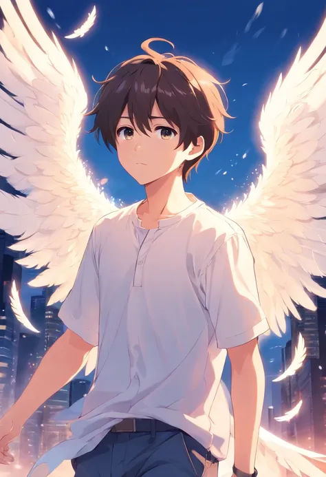 boy, 20 years old, angel, white shirt, angel wings, white, feathers