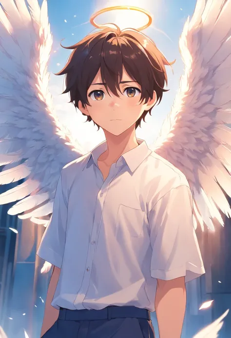 boy, 20 years old, angel, white shirt, angel wings, white, feathers