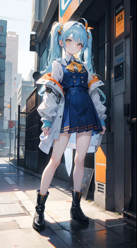 ​masterpiece，8K，超A high resolution，Detailed description，Smooth depiction，Accurate rendering，Triangular composition，Light blue twin tails，Yellow eyes，Whitening skin，12-year-old Western-style beautiful girl in anime style，Wearing a cyberpunk-style orange wai...