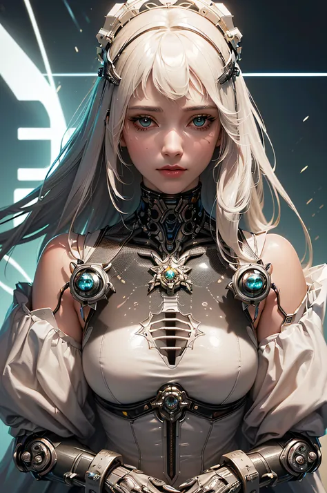 Wears complex bioluminescent mechanical cyborg armor made of 1mechanical_girl (old plastic in white beige), ((Ultra-realistic details)), detailed_face, global_illumination, shadow, octane_render, 8k, ultra_sharp, metal, ornaments_ detailed、cold_colors、egyp...