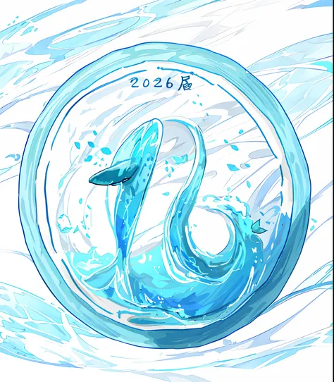 Draw dolphins in blue circles，Waves come out of it, water elemental, ethereal eel, inspired by Shūbun Tenshō, painting on a badge!!!!, Water type, painting on a badge，cartoony，White background，freshen