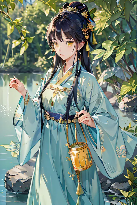 best quality, intricate details, highres,(beautiful detailed water:1.4),(hanfu, tang style),yellow eyes,(1girl in glass jar:1.1),