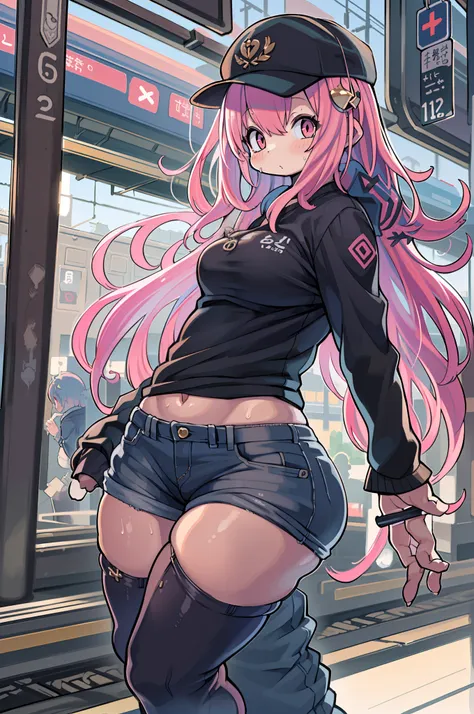 (masutepiece), (Best Quality), (hight resolution), Detailed, (Details 1.2), (Hyper Detail 1.4), (Glamorous Digital Art 1.2), absurderes, 1girl in, Small breasts, Ass, Hair ornaments, Solo, Pink hair, (Black shirt:1.3), jeans, (train station:1.2) Running, t...