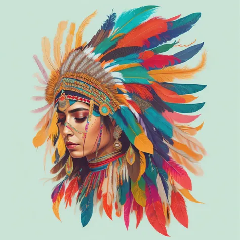 a close up of a woman wearing a colorful headdress with feathers, jen bartel, a beautiful artwork illustration, headdress, aztec princess portrait, beautiful artwork, made of feathers, centered headdress, stunning digital illustration, crying queen of feat...