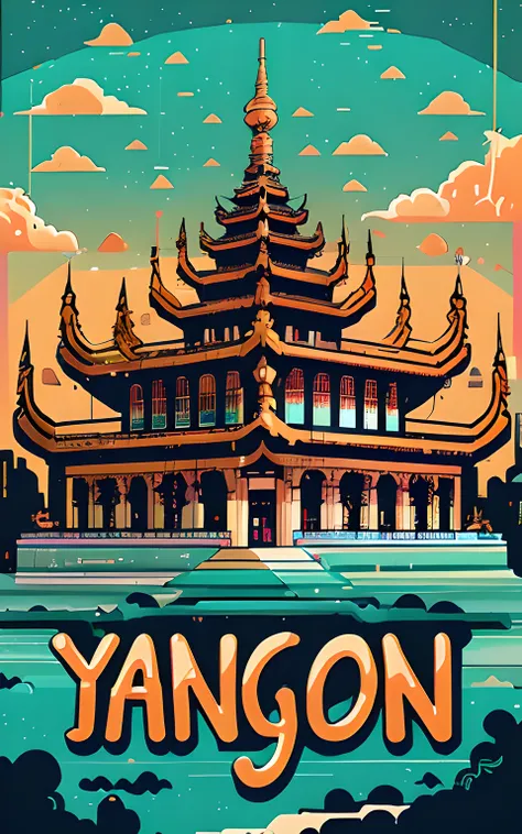 a close up of a poster of a building with a sky background, vibrant tourism poster, jen bartel, poster illustration, vaporwave mansion, travel poster, victo ngai! cmyk palette, inspired by Yang Buzhi, illustrated poster, by Yang J, digital painting of a pa...