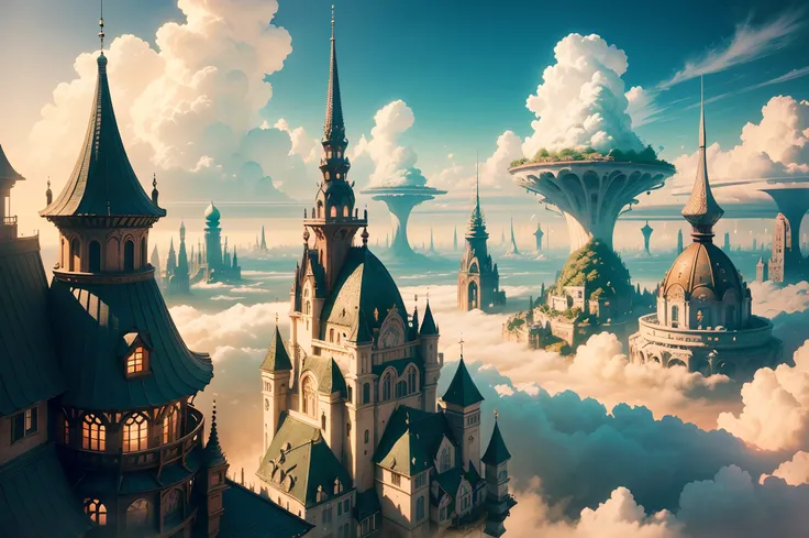 A town floating in the clouds, surreal atmosphere, dreamlike scenery, ethereal clouds, magnificent architectural structures, intricate buildings, vibrant colors, whimsical elements, fantasy world, surreal lighting, floating gardens, winding staircases, sus...