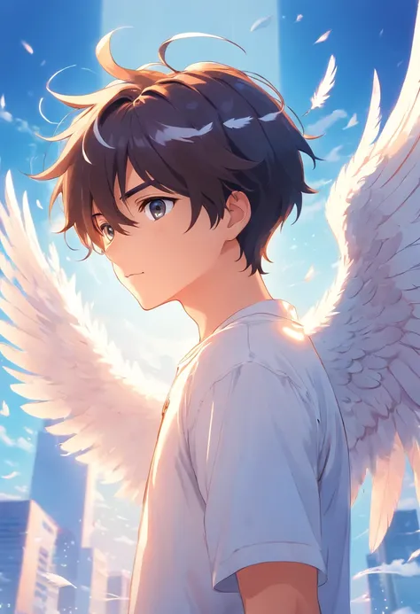 boy, 20 years old, angel, white shirt, angel wings, white, feathers