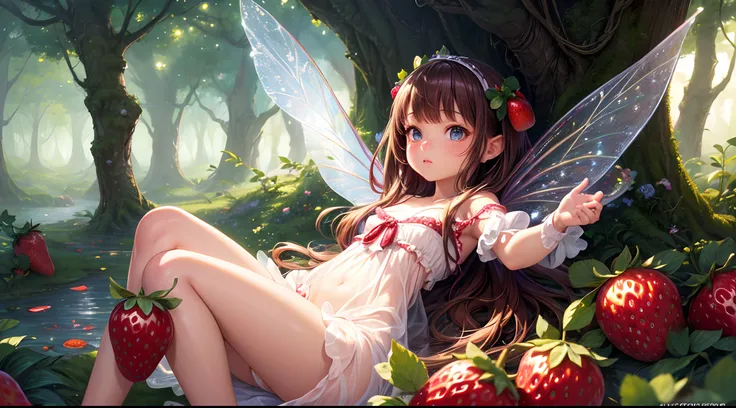 ( Absurd, High quality, ultra-detailed, masterpiece, concept art, smooth, highly detailed artwork, hyper-realistic painting ) , tiny little girl, strawberry girl, Strawberries, cute, whole body, Romantic, Vivid, dreamy, fantasy, fairy wings, in the forest,...