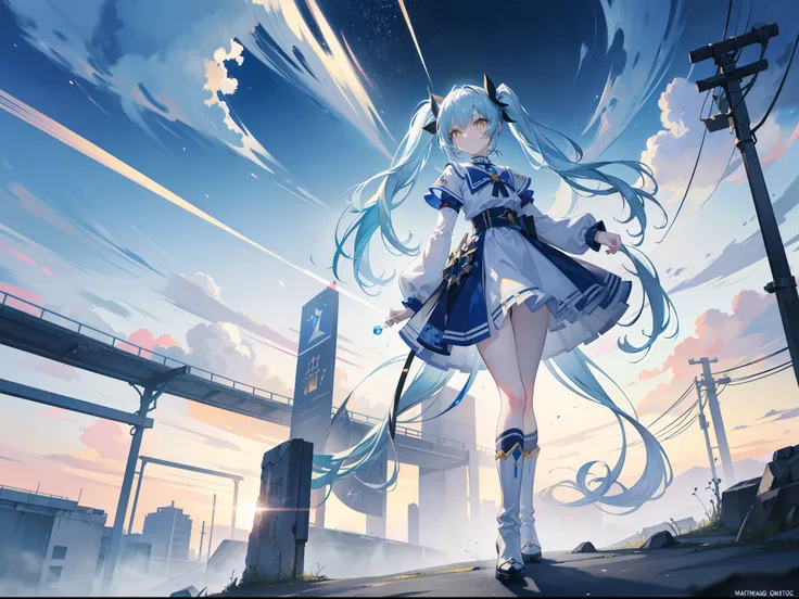 ​masterpiece，8K，超A high resolution，Detailed description，Smooth depiction，Accurate rendering，Triangular Composition，Light blue twin tails，Yellow eyes，Whitening skin，12-year-old Western-style beautiful girl in anime style，Metallic boots，Overhead scenery，Full...