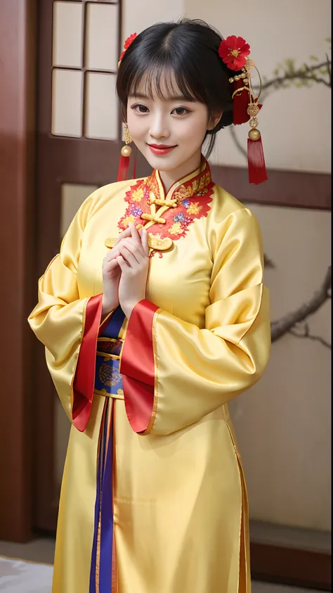 Wearing a yellow dress，Arafard Asian woman with red flowers in her hair, Palace ， A girl in Hanfu, Round face，Wearing ancient Chinese clothes, Hanfu, traditional tai costume, Chinese costume, with acient chinese clothes, Traditional Chinese clothing, ancie...