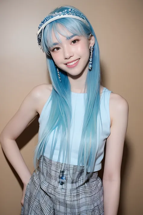 (extra detailed body、extra detailed face、best qualtiy:1.2)、femele、looking at the viewers、(Light blue and white gradient hair color、Fancy accessories、Tank tops、a smile、15yo student)、(Plaid wall on background)