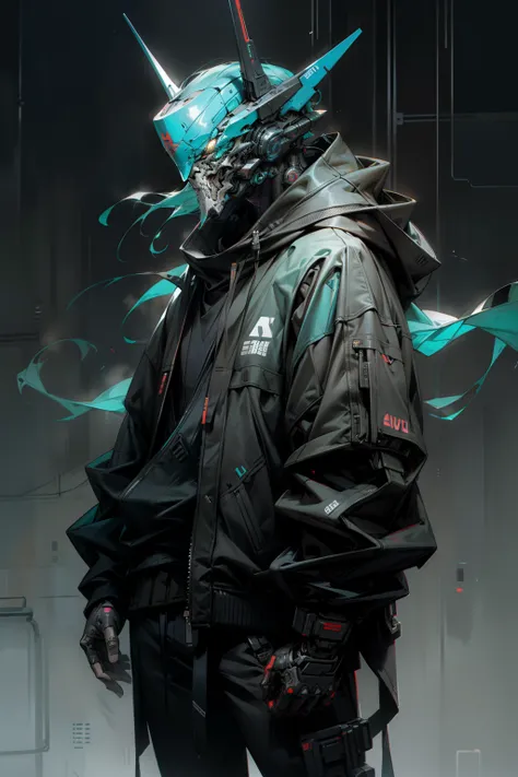 There is a boy wearing a ghost mask and a black hoodie，With a knife in his hand, Hyper-realistic cyberpunk style，Digital cyberpunk anime style，cyan colors