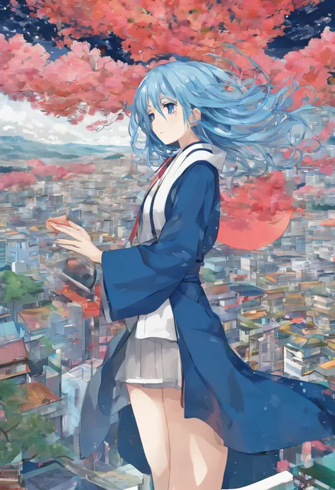 Ark of Tomorrow，a beauty girl，The figure stands on the roof，Long blue hair blown up by the wind，Wear overcoat shorts，Blue eyes，Look down at the camera in your hand，Low saturation，The viewing angle is heads-up，A scene seen from a distance，A little wasteland...