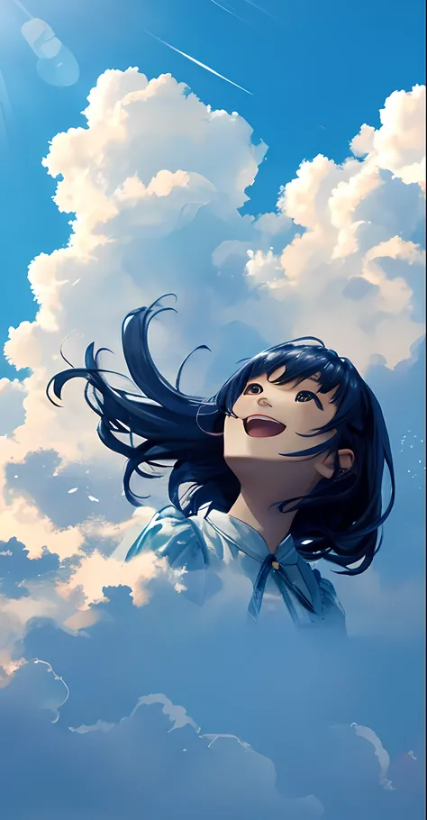 8K分辨率，tmasterpiece，Need，clear blue skies，The sky is full of clouds，Beautiful fluffy clouds，one-girl,，Looking Up The Sky，Shout to the sky，Clear excited face，on cloud