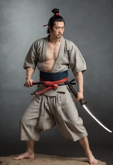 It is a full-body painting with natural colors，Line drawing with Katsushika Hokusai style。The swordsman Miyamoto Musashi has a tall body like a strongman。Samurai in Japan。He has a dignified and manly expression of determination，Short black hair and short n...