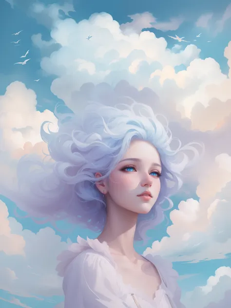 A beautiful artwork illustration, beautiful fantasy art portrait，Girl in the clouds in the sky，Beautiful facial features，blue colored eyes，((Reach out and touch the clouds，))Fluffy clouds，Guviz-style artwork, White cloud hair, Beautiful digital illustratio...