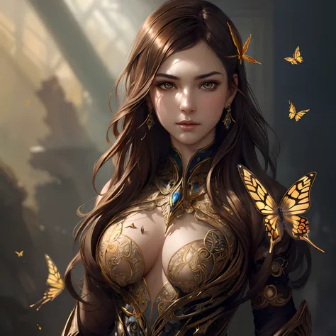 8k portrait of beautiful cyborg with brown hair, intricate, elegant, highly detailed, majestic, digital photography, art by artgerm and ruan jia and greg rutkowski surreal painting gold butterfly filigree, broken glass, (masterpiece, sidelighting, finely d...