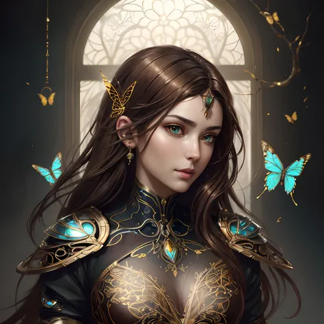 8k portrait of beautiful cyborg with brown hair, intricate, elegant, highly detailed, majestic, digital photography, art by artgerm and ruan jia and greg rutkowski surreal painting gold butterfly filigree, broken glass, (masterpiece, sidelighting, finely d...