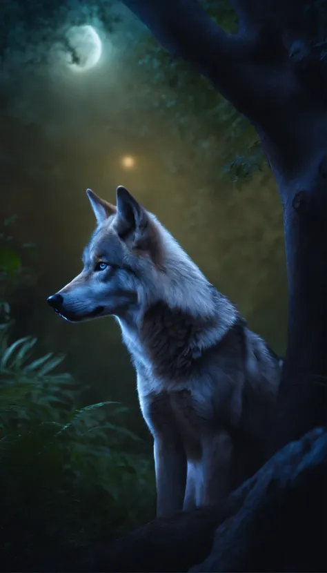 a jungle at 3:00 am o clock, an injured wolf (detailed) with blue eyes in standing behind of a tree, [a purple neon moon in sky], clouds and fog in place, rain falling, a galexy expousere in back ground