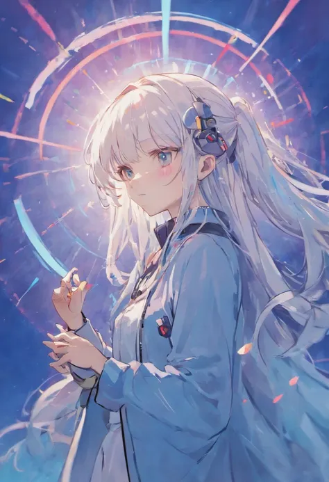 Anime girl with long white hair and headphones in front of blue background, White-haired god, Digital anime art!!, Perfect white haired girl, white haired Cangcang, Girl with white hair, (Anime girl), Smooth anime CG art, Official artwork, Beautiful Anime ...