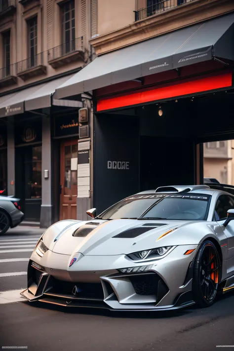 Una macchina sportiva di colore grigio metallizzato con una carrozzeria in titanio. La macchina ha due porte, un tetto spiovente e un grande spoiler posteriore. Le ruote sono nere con cerchi argentati e i fari sono a LED