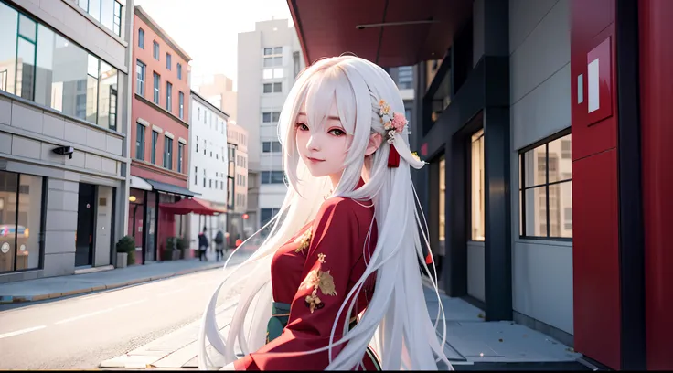 Anime girl with long hair and red dress in front of the building, a beautiful anime portrait, White-haired god, Guweiz in Pixiv ArtStation, Detailed digital anime art, Guweiz on ArtStation Pixiv, detailed portrait of an anime girl, trending on artstation p...