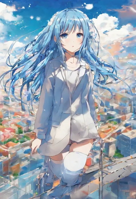 Ark of Tomorrow，a beauty girl，The figure stands on the roof，Long blue hair blown up by the wind，Wear a sweatshirt，There are black leg loops on the legs，Blue eyes，Look down at the camera in your hand，Low saturation，The viewing angle is heads-up，A scene seen...