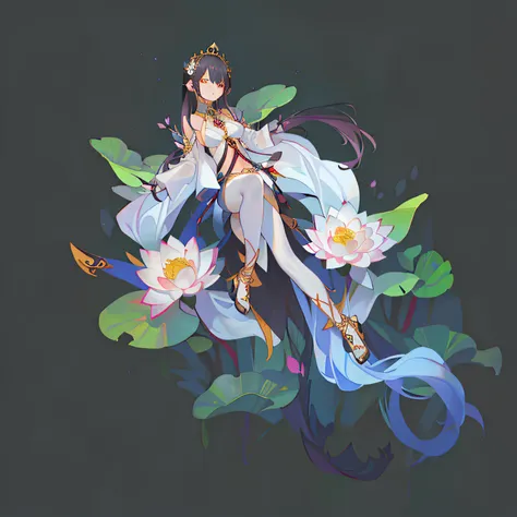 exquisitely，woman with long hair，catss，lotuses，lotus leaf，ancient wind