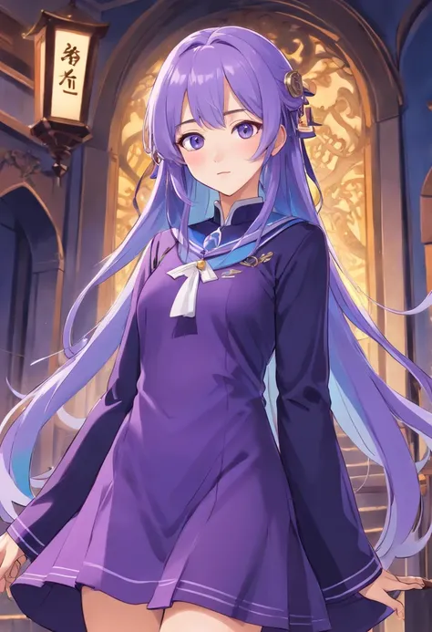 best qualtiy，超高分辨率，1girl，Female clergy，Clergy attire，lewd nun，Nun costumes，adolable，Black and white clothes，（Kpop idol），（aegyo sal：1），（Gorgeous Hair in Long Purple：1），（blue colored eyes），It looks like in front of the audience，The whole body of the characte...