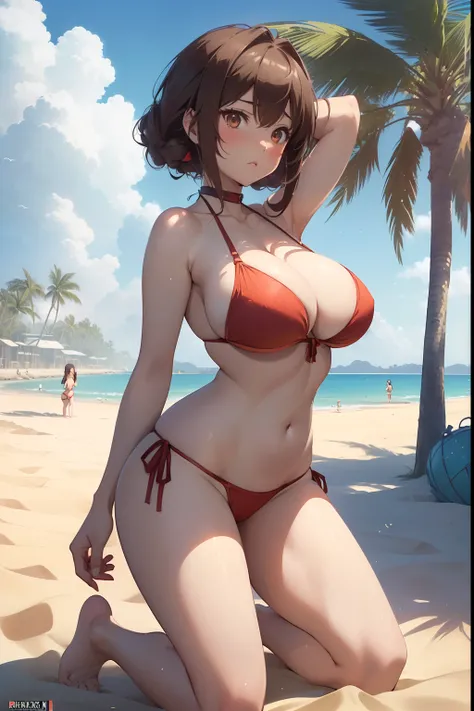 ((masterpiece, best quality, photorealistic, cinematic), ((voluptuous anime girl)), perfect anatomy, expressive eyes, perfect face, perfect hands, ((large cleavage)), long round legs, round ass, (((anime girl kneeling in red Underwire Bikini))), ((natural ...