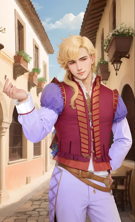 Juan de Cartagena, aristocrat, son of the most powerful person in the country, red vest, big eyes, grin face, very expensive and very sophisticated and very complicated pattern clothes, very arrogant, very self-confidence, very majesty, 16th century, renai...