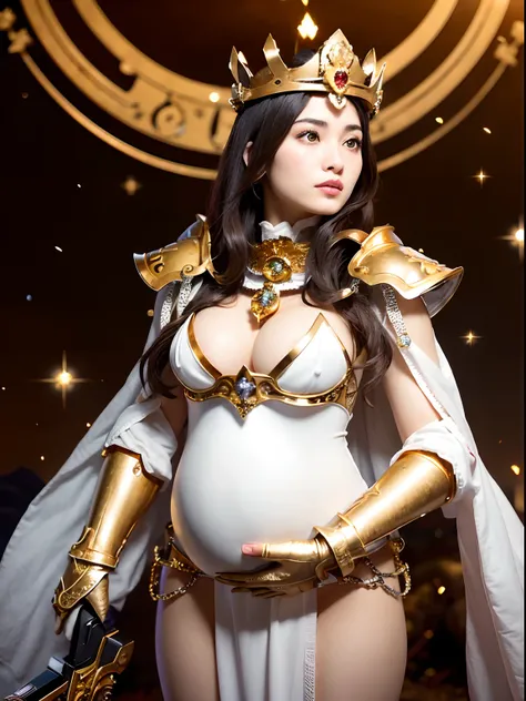 （Pregnant）、Professional , ​masterpiece、top-quality、photos realistic , depth of fields 、(A dark-haired) 、（Gemstone White Metal Body:1.９),(Matte White、Jewel Gold Weapon（Jewel Metal Body:1.４),Gorgeous metal weapons ,（（ Detailed and gorgeous sword of the brave...