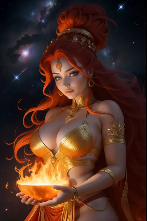 A fiery cosmic deity with flaming hair, a Deusa Ruiva irradia o brilho das estrelas. His eyes reflect distant galaxies, and his touch gives the essence of life to the planets. She is the creative force that weaves the fabric of the universe.