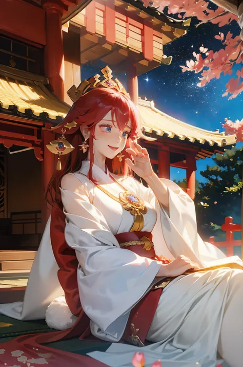 (Best quality,high resolution), Ethereal shrine girl, A flowing and elegant robe, Radiant skin, a serene smile, intricate headpiece, Floating glitter particles, traditional Japanese building, Sacred temple grounds, Soft sunlight filters through the trees, ...