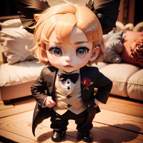 Cute Baby Chibi Anime,(((Chibi 3D))) (Best Quality) (Master Price)、Chibi Lion、tailcoat、Have red roses、Royal Botanic Gardens with roses、Standing、A detailed face