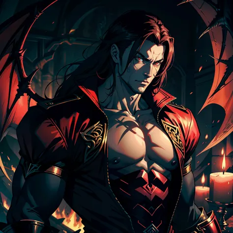 Castlevania Shadow Lord hyper realistic super detailed muscular handsome Dracula in hell flamboyant fire environment