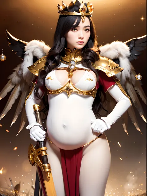 （Pregnant）、Professional , ​masterpiece、top-quality、photos realistic , depth of fields 、(A dark-haired) 、（Gemstone White Metal Body:1.4),(Matte White、（Angel wings grow）、Jewel Gold Weapon（Jewel Metal Body:1.４),Gorgeous metal weapons ,（（ Detailed and gorgeous...