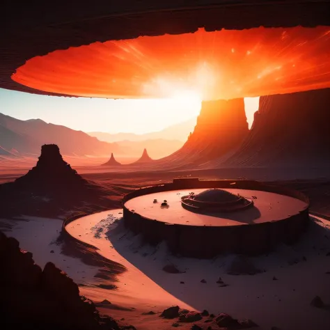 Alien base (Very detailed) In the mountainous desert，There are several exhaust fans and chimneys, Some spotlights come out of the base to illuminate dark places, (Extreme nights), Some clouds in the night sky, Some of the surrounding planets provide air to...