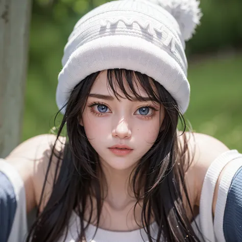 High-quality, bright, European and American girls, the lens focuses on the heroine, the heroine wears a white knitted hat, white skin and beauty, beautiful blue eyes, natural hair, the heroine looks head-up to the lens, staring into the distance.