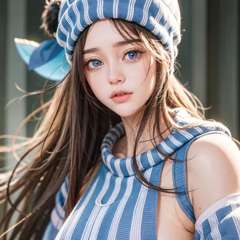 High-quality, bright, European and American girls, the lens focuses on the heroine, the heroine wears a white knitted hat, white skin and beauty, beautiful blue eyes, natural hair, the heroine looks head-up to the lens, staring into the distance.