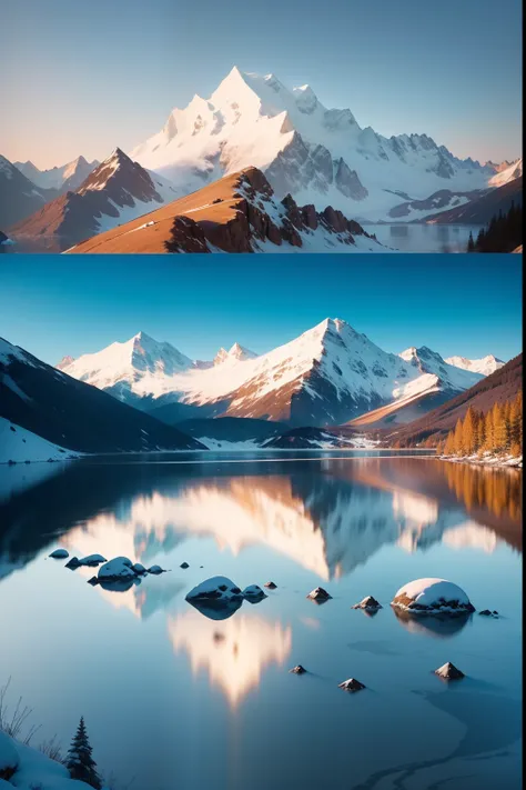 Generate an image of a serene mountain range with snow-capped peaks and a crystal-clear lake in the foreground.