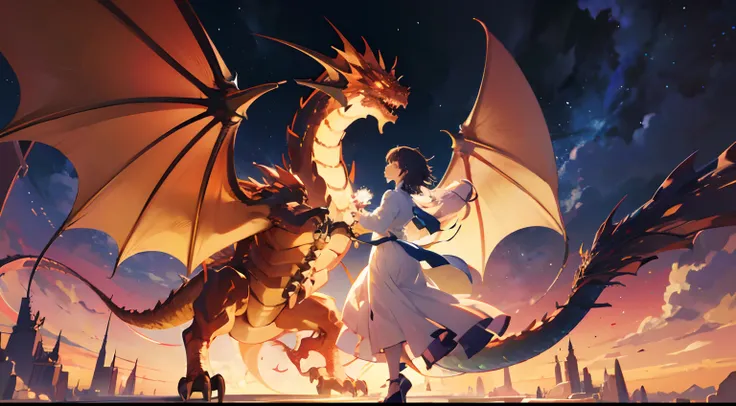 Anime girl standing in front of a dragon fighting with dragon, sky back, memory trapped in time and space species, infinite space background, ((Makoto Shinkai)), brave and evil dragon, evil dragon spouting dragon breath, Shakespeares romance, ethereal, ani...