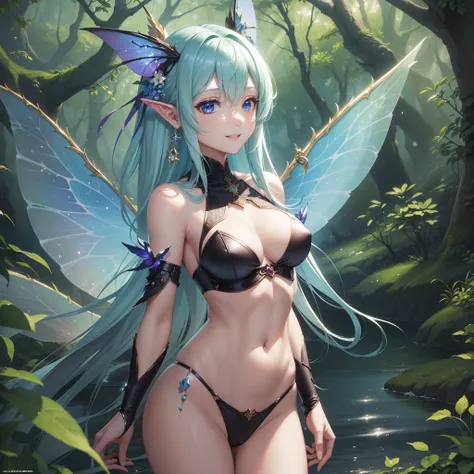 ((Finest quality)),(超A high resolution),(ultra-detailliert),((Best Anime)),sharpnes,Vivid:1.1,Fantasy art with astounding depictions,Springs in the forest, (1 Female fairy),Thin wings:1.7,Slim body:1.4 Big,a smile