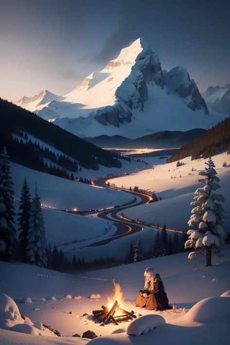 snow landscape，nigth，Bright stars，1. The white-haired girl is asleep by the fire，Beautiful，4k，White mountains in the distance。