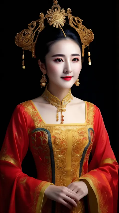 a close up of a woman wearing a red and gold dress, Wearing ancient Chinese clothes, Chinese traditional, Chinese style, Beautiful rendering of the Tang Dynasty, Chinese costume, Hanfu, Chinese dress, Traditional Chinese clothing, inspired by Tang Di, with...