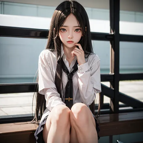 High-value high school girl, thin body, black pupils, black hair, sad face, school life is lonely and boring.