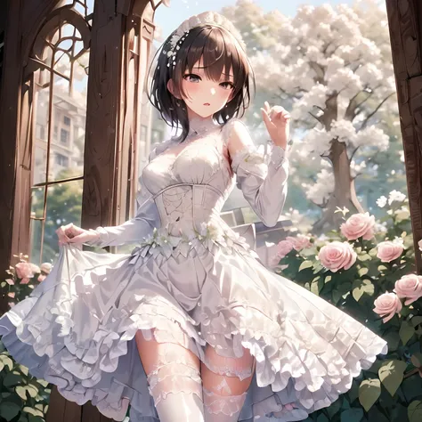 ((masterpiece)),((best quality)),(ultra-detailed),(illustration),((an extremely delicate and beautiful)),(dynamic angle), 1girl, flowers, spring, beside window, rose, detailed face, long eyelashes, flower in eye, frilled sleeves, corset, tiara, princess, b...