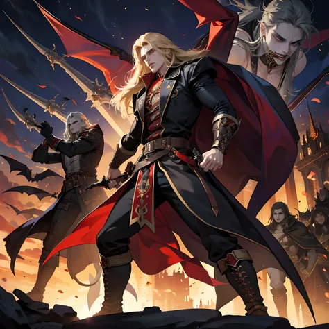 Castlevania Shadow Lord handsome muscular Lord Dracula leading troops armed with demons to war hyper realistic super detailed Dynamic pose super detailed faces hyper realistic super detailed