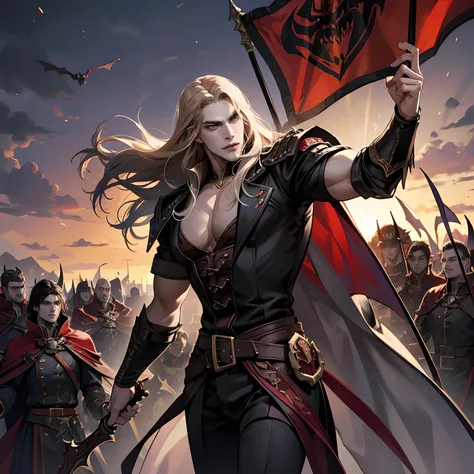 Castlevania Shadow Lord handsome muscular Lord Dracula leading troops armed with demons to war hyper realistic super detailed Dynamic pose super detailed faces hyper realistic super detailed